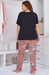 Plus Size Contrast Round Neck Tee and Floral Pants Lounge Set OutfitFlow